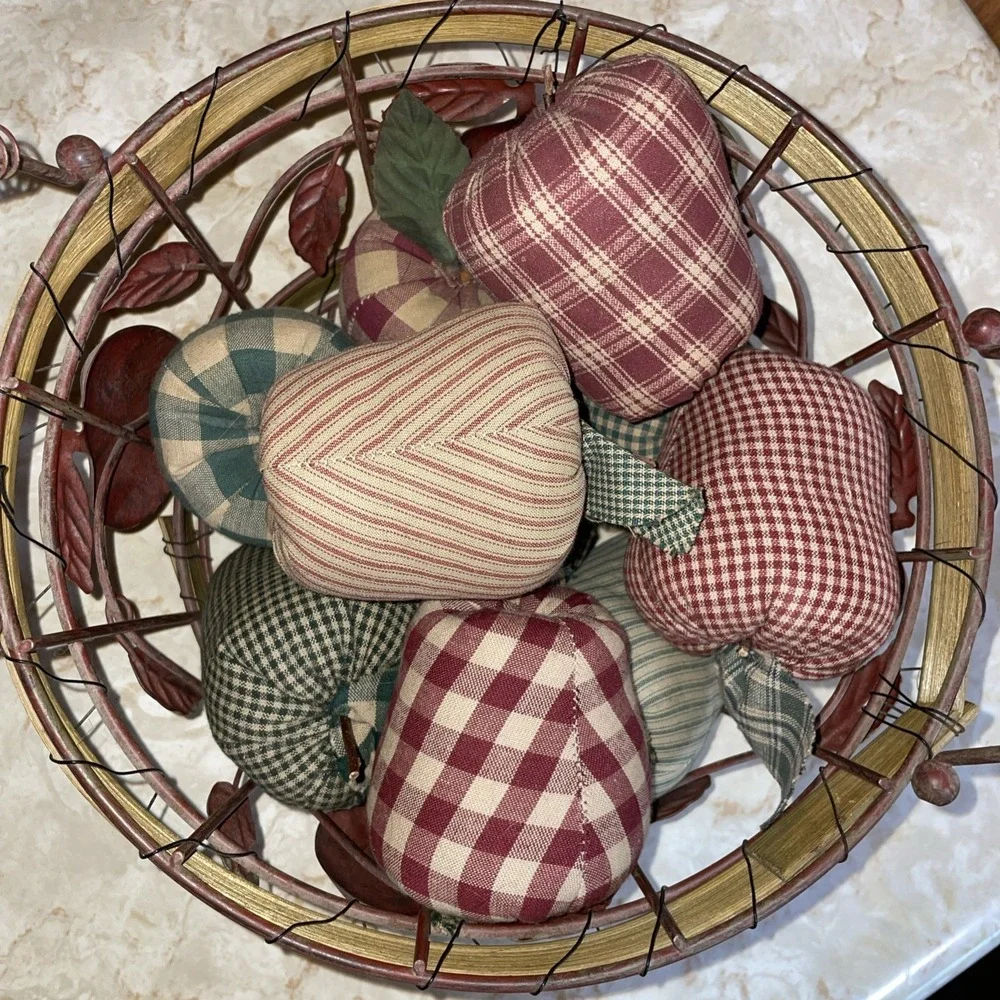 Wood And Metal Basket 🧺 of Homespun Fabric Apples Autumn Fall‎